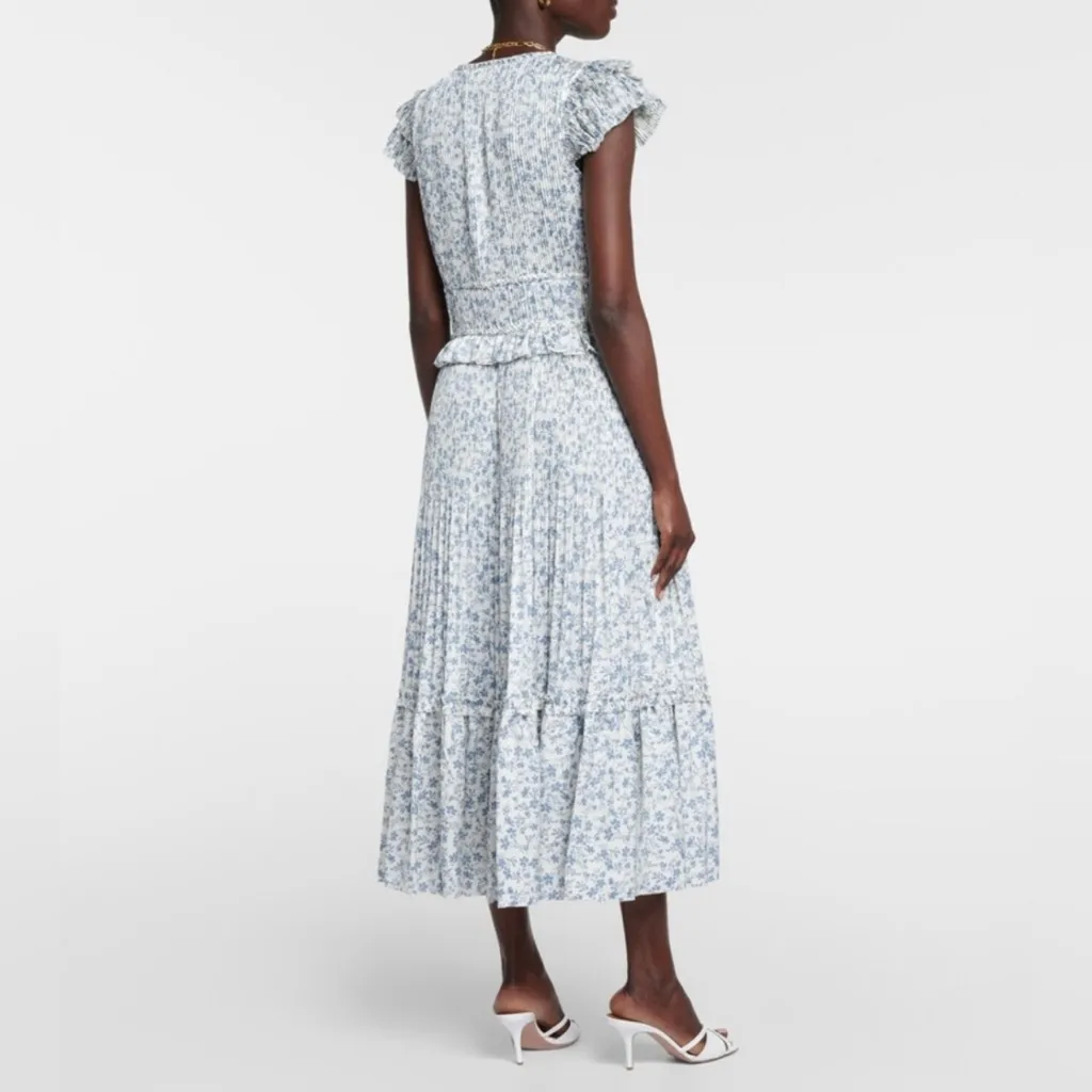 Polo Ralph Lauren Olea Floral Plisse Satin Blue White Floral Pleated Midi Dress - Image 17