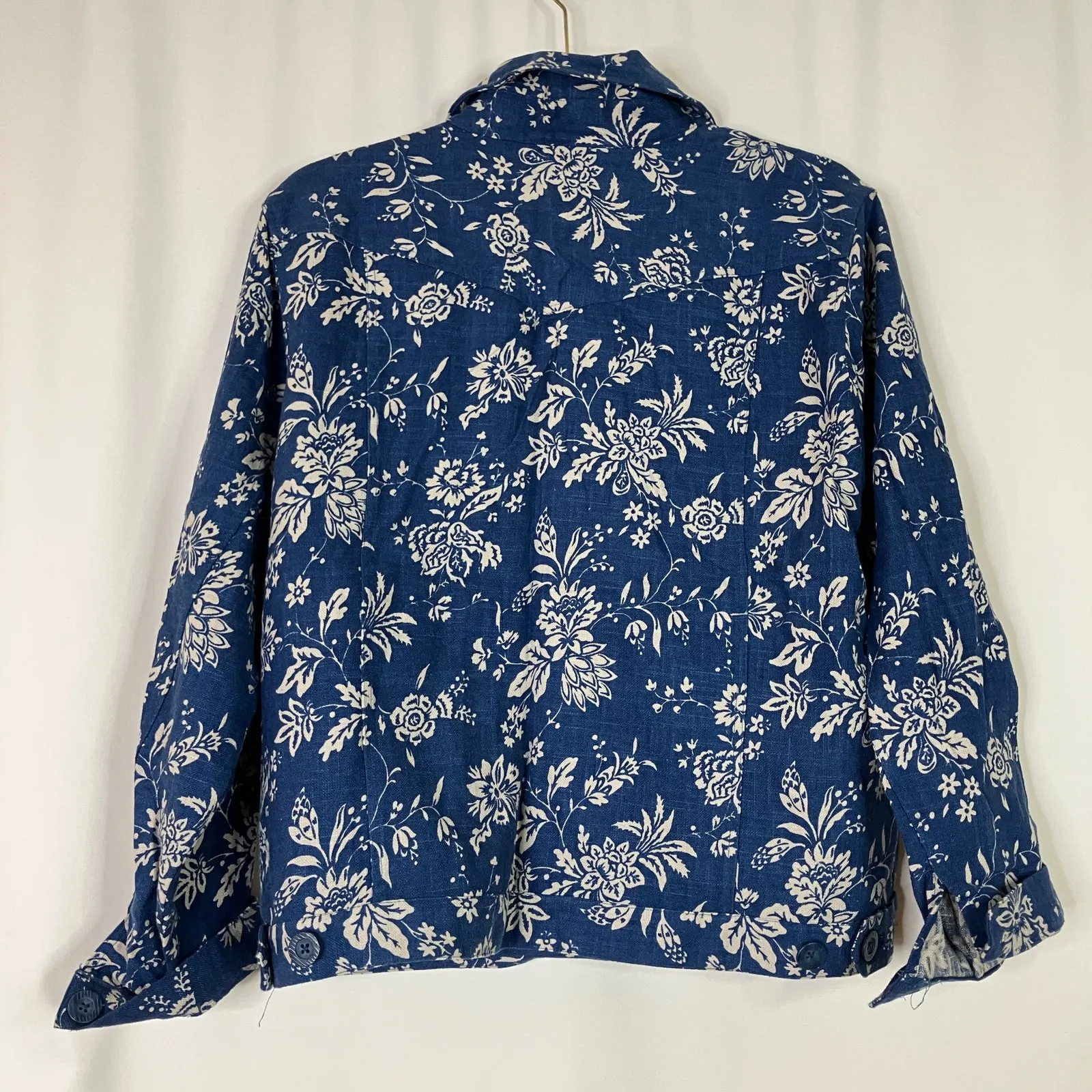 Coldwater Creek | Linen Blend Jacket Blue Floral Print Spring Womens Large - Image 6