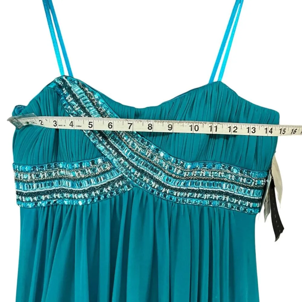 Aidan Mattox Maxi Dress 6 Teal Blue Beaded Rhinestones Ball Gown Prom Occasion - Image 8