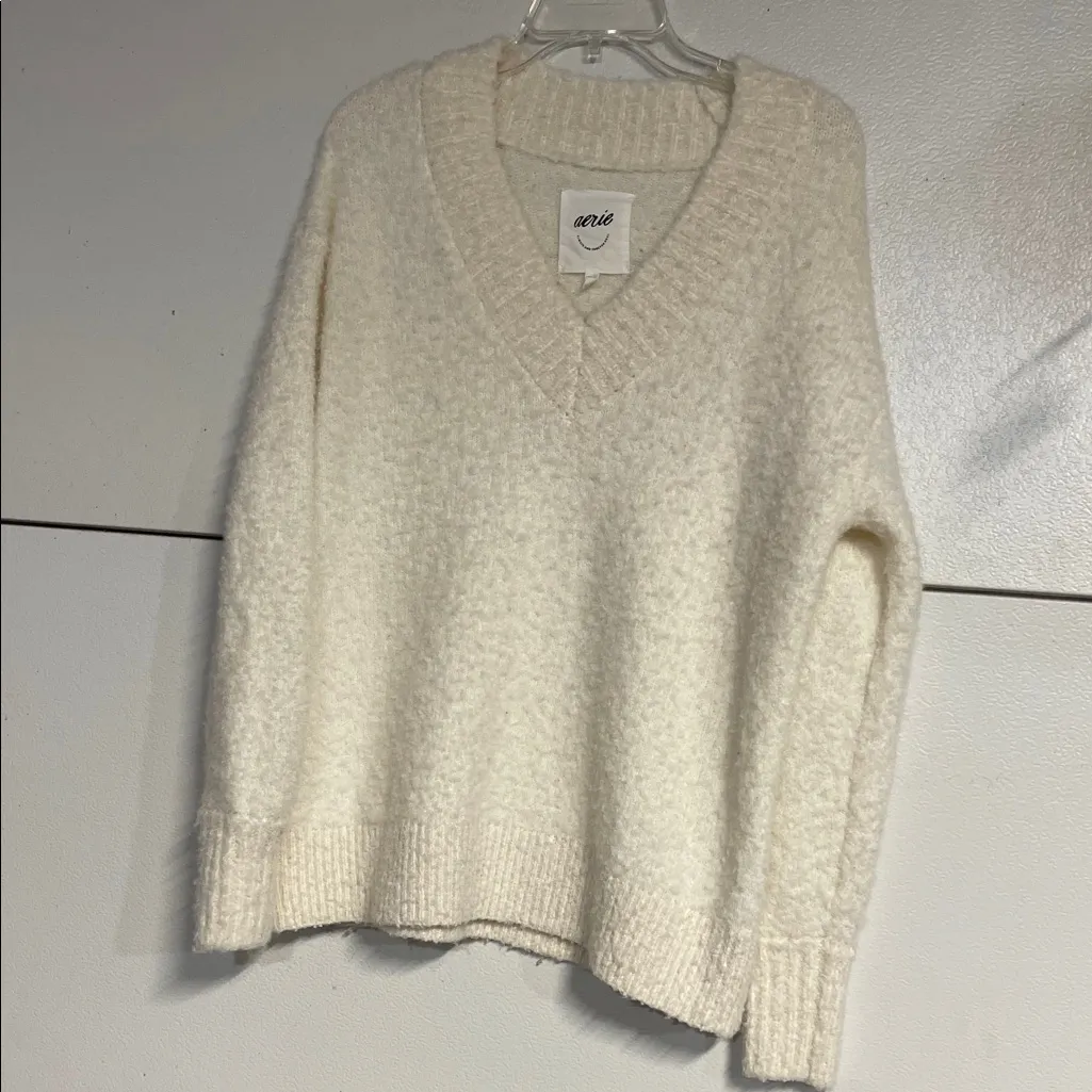 AERIE WOMENS IVORY CREAM TEDDY SWEATER V NECK OVERSIZED XS - Image 2