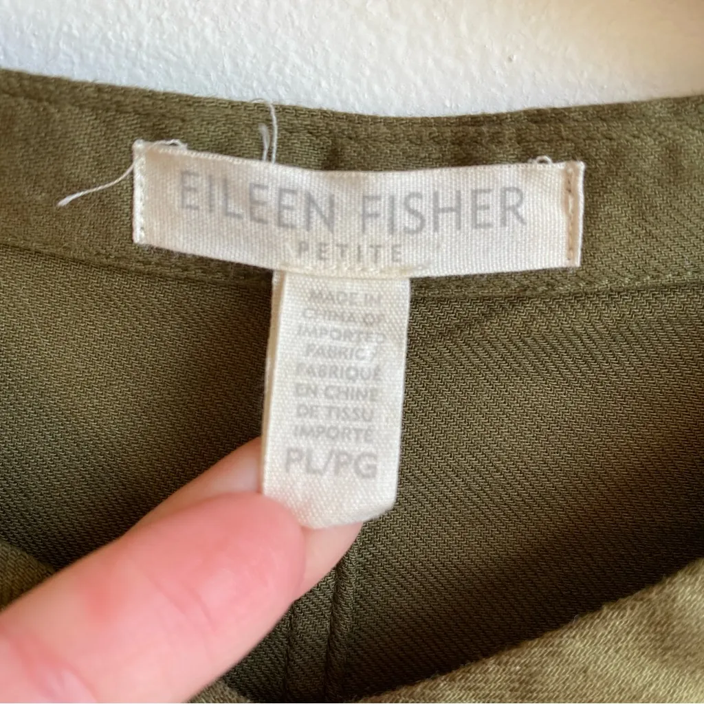 Eileen Fisher 100% Organic Cotton Tunic Length Button Down Olive Green Shirt - Image 2