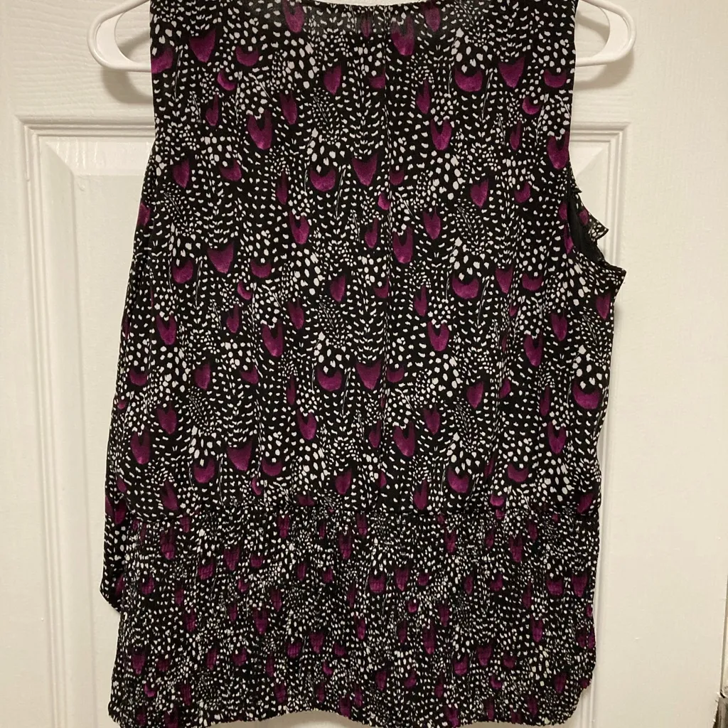 White House Black Market Black Purple Polka Dot Ruffle Sleeveless Blouse - Image 9