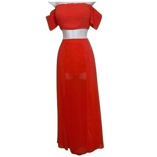 MISS AVENUE Bright Orange Skirt With Shorts and Crop Top Outfit NWOT Size Small‎ - Image 2