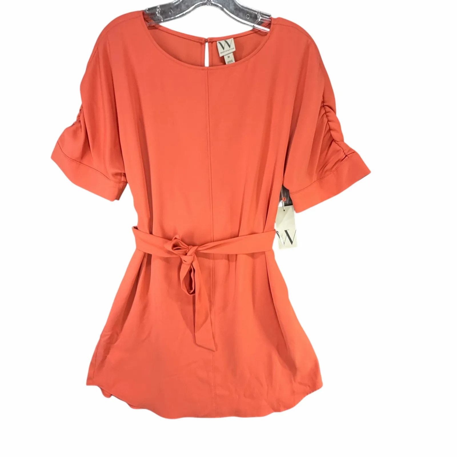 Worthington Dress Womens M Coral Ruched Sleeves Self Tie Belt Preppy Modest Chic - Image 3