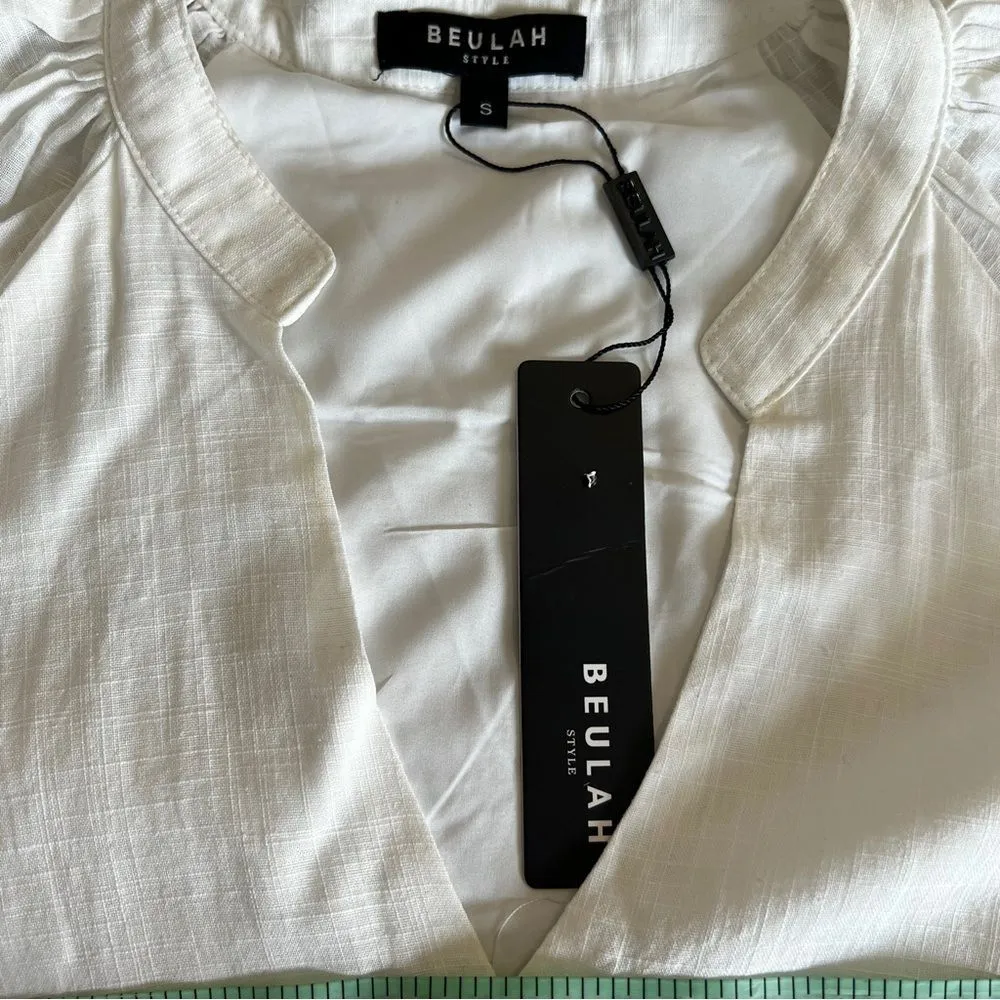 NEW Beulah Style Tiered White Gauzy Cotton V Neck Short Sleeve Mini Dress Small - Image 9