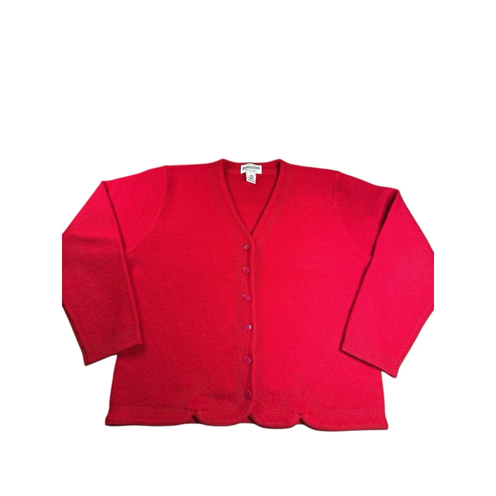 Vintage Pendleton Boiled Wool Cardigan‎ Scalloped Hem Cherry Red Large Cottage - Image 2