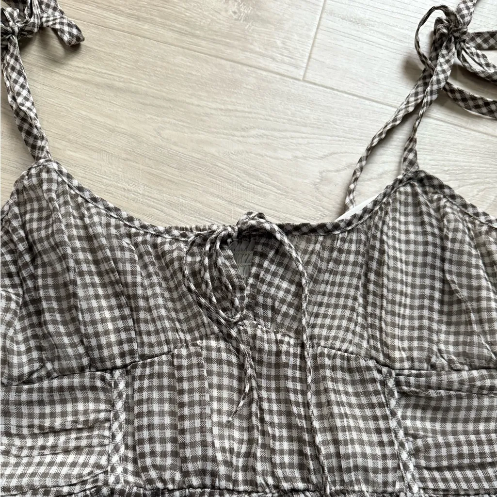 American Eagle  2024 Smocked Gingham Babydoll Tie Crop Top | Brown | Large - Image 5
