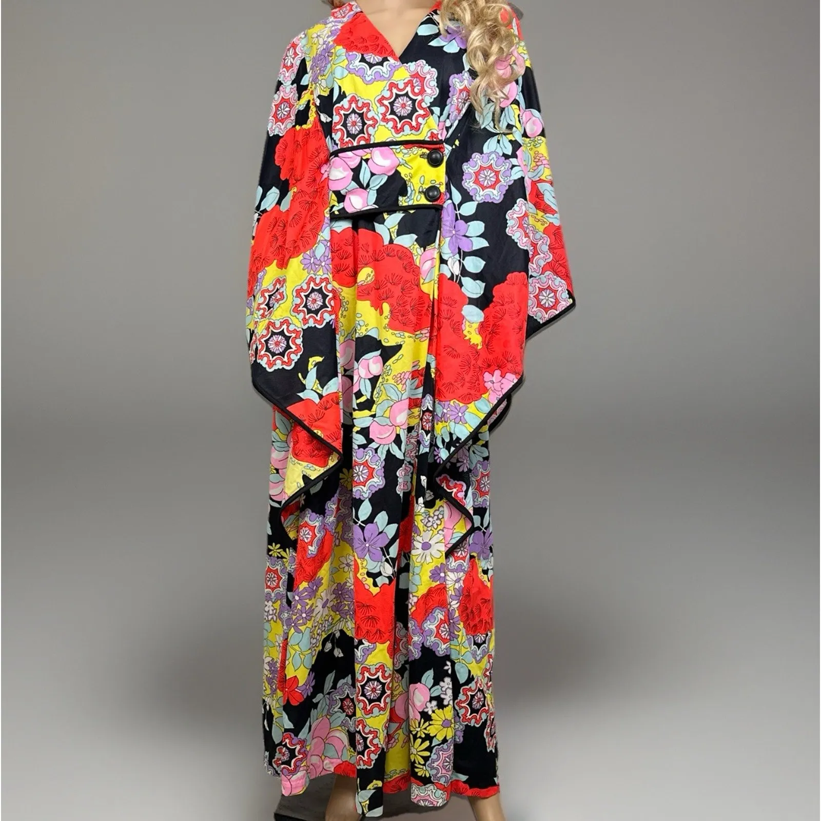 Vintage Styled by Tyrone Kaftan Dress Medium ILGWU Union Made 100% Nylon Floral - Image 6