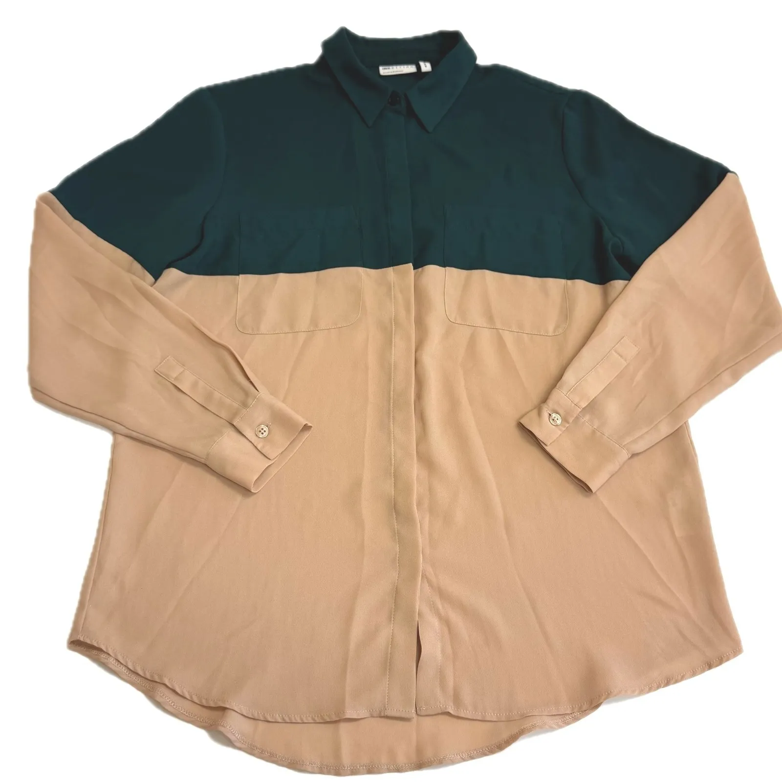 ASOS Shirt Womens Size 6 Tan Green Colorblock Long Sleeve Button Down - Image 2