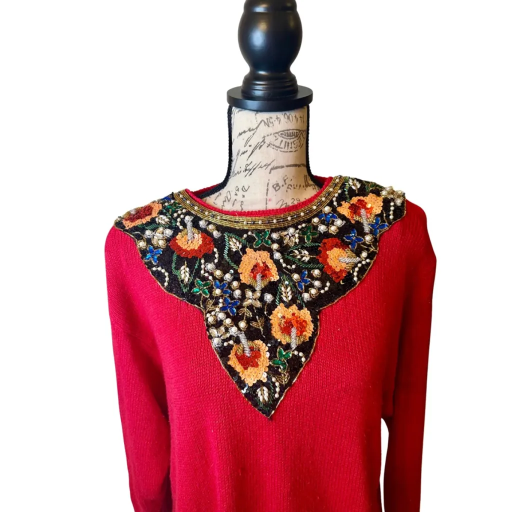 Vintage Beaded and Sequin Red Sweater Likely a size Medium - Image 2