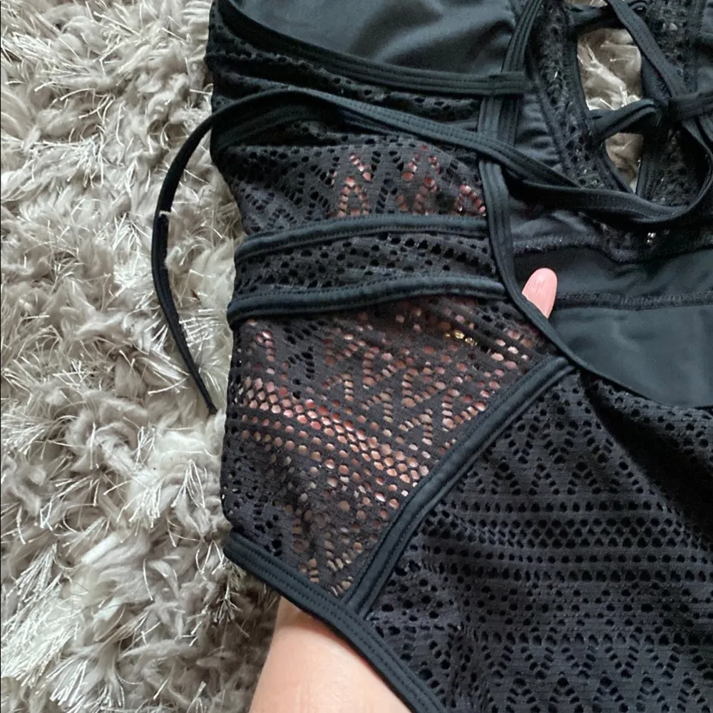 Black One Piece Crochet Swimsuit with Deep V - Image 6