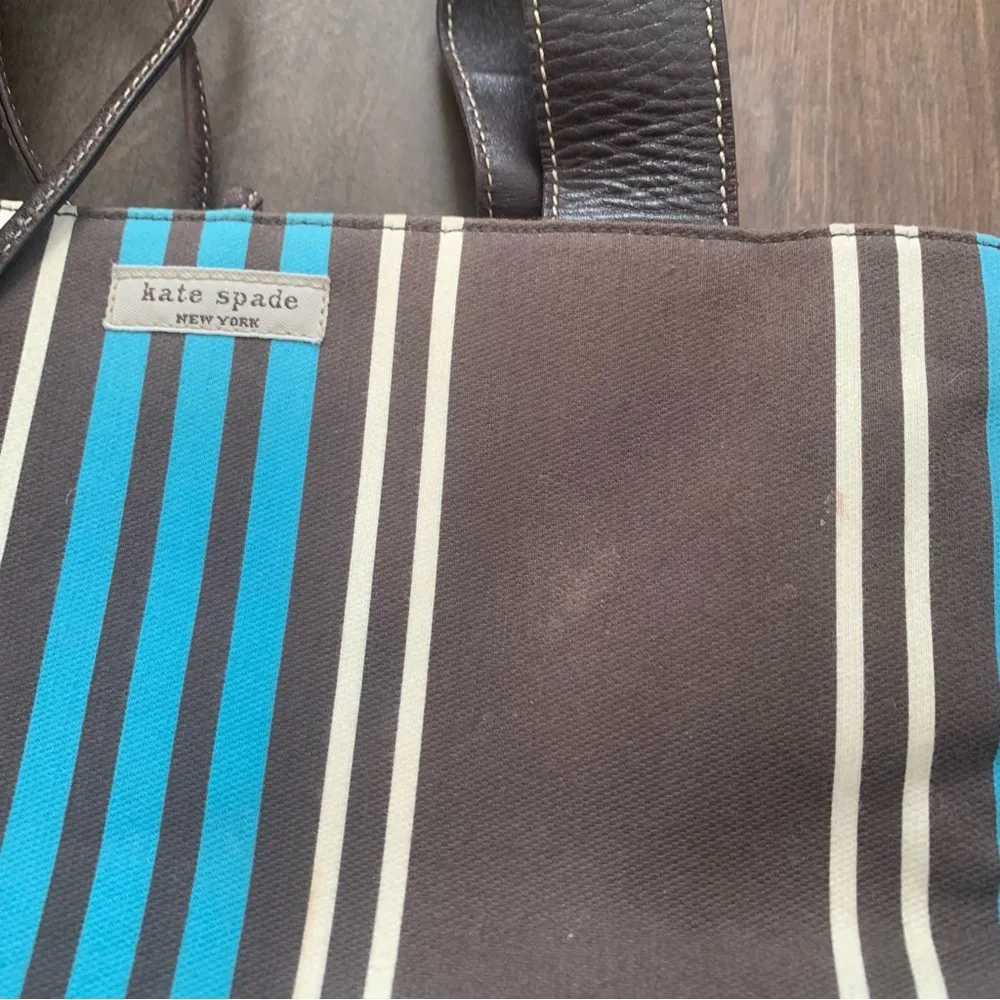 Kate Spade Blue & Brown Vertical Striped Canvas Satchel - Image 6