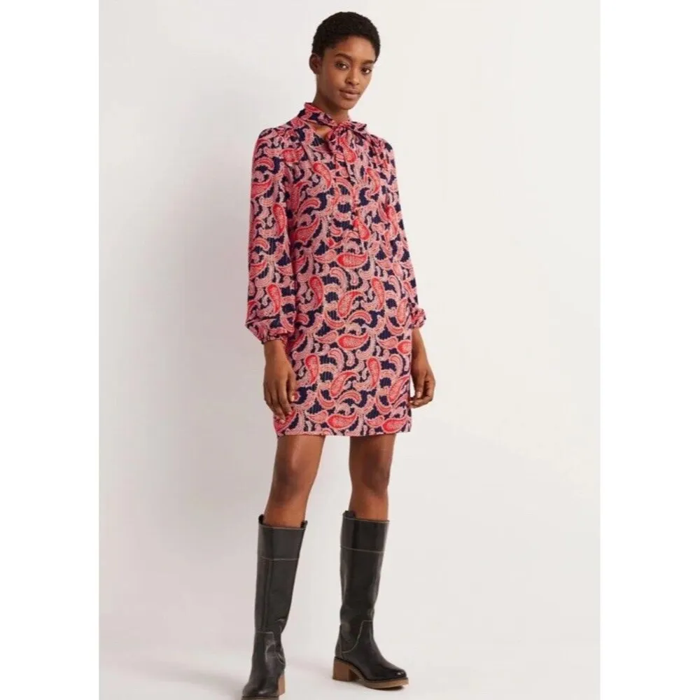 Boden Tie Neck Mini Dress Red Blue Gold Metallic Paisley Women’s‎ Size 14 - Image 12