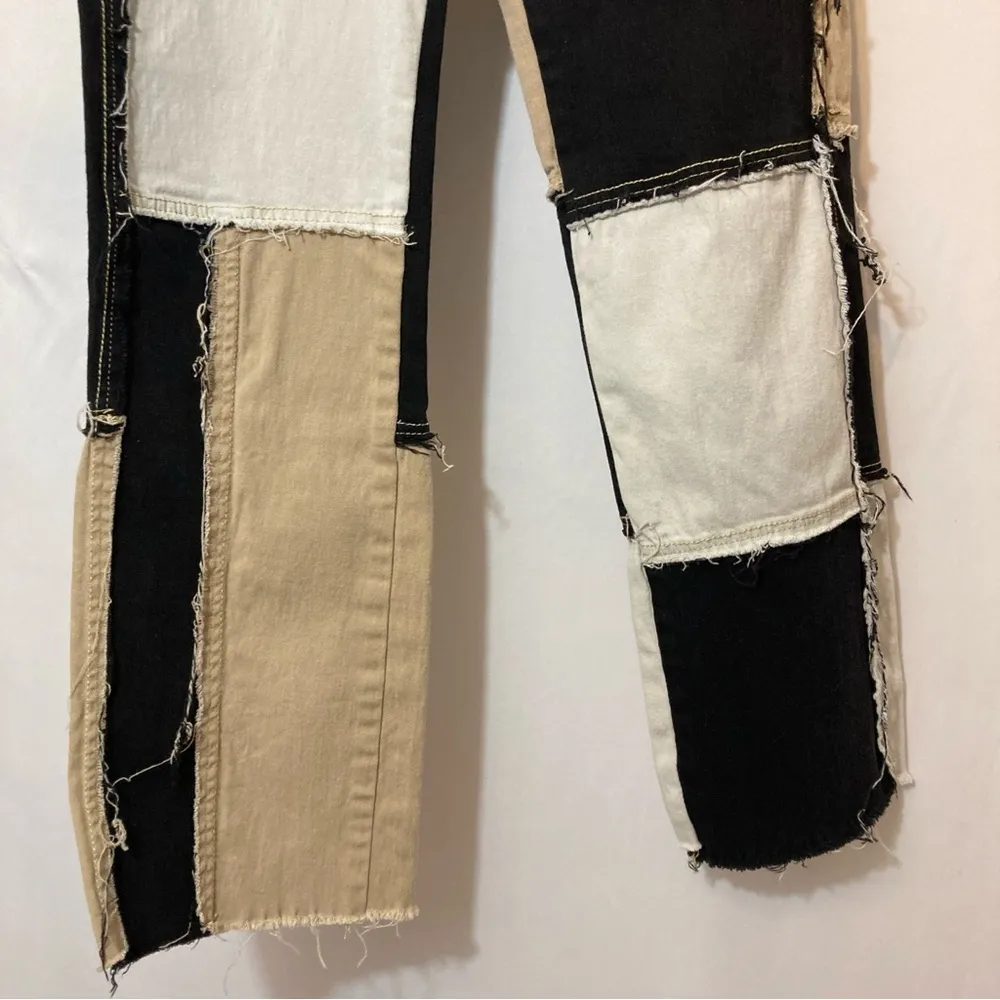 JEANS Black White Tan Patchwork Straight Leg Cut Off High Rise Jean Pants Size 27 - Image 6