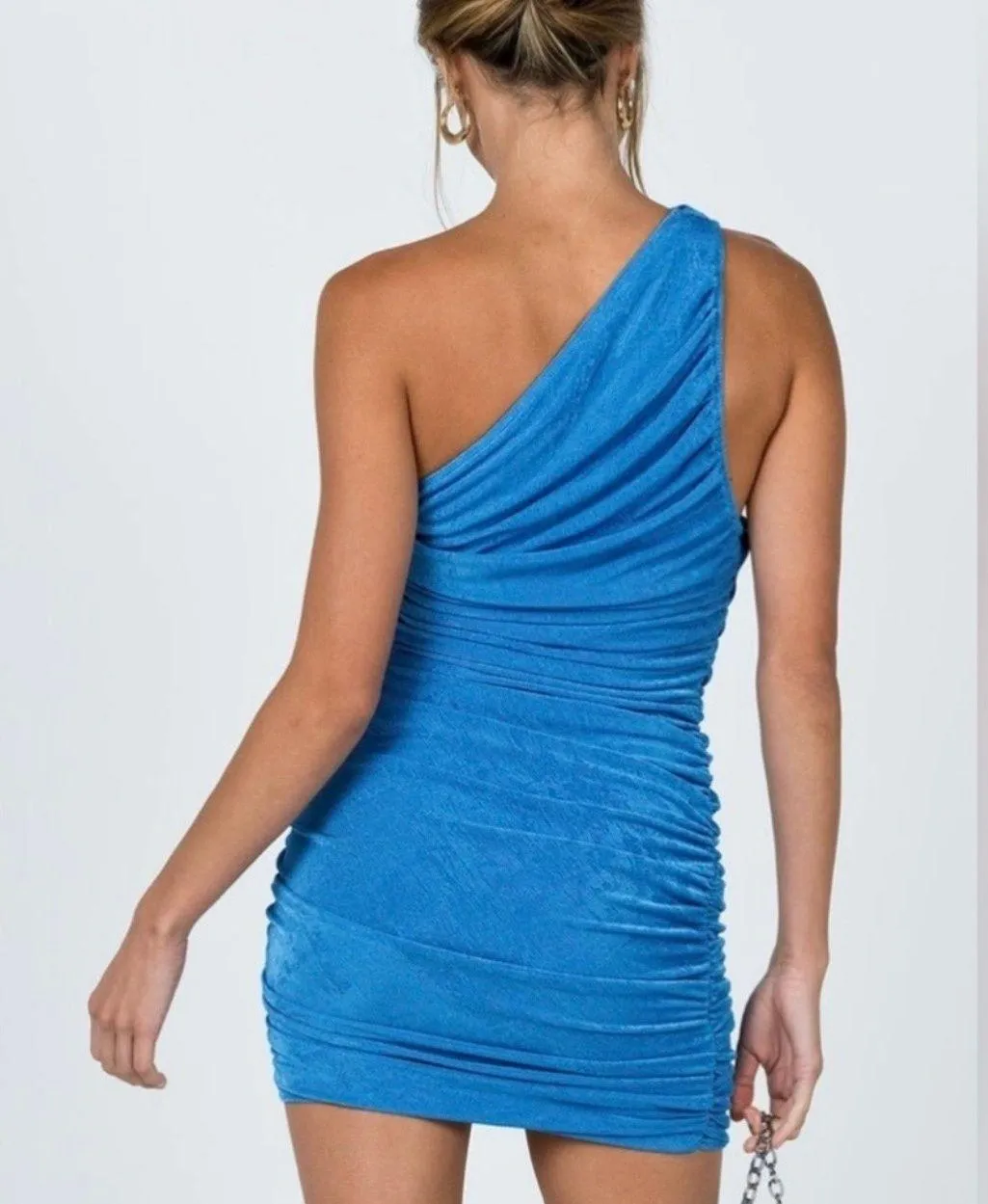 Blue Goddess One Shoulder Ruched Mini Dress 2 XS NEW - Image 5