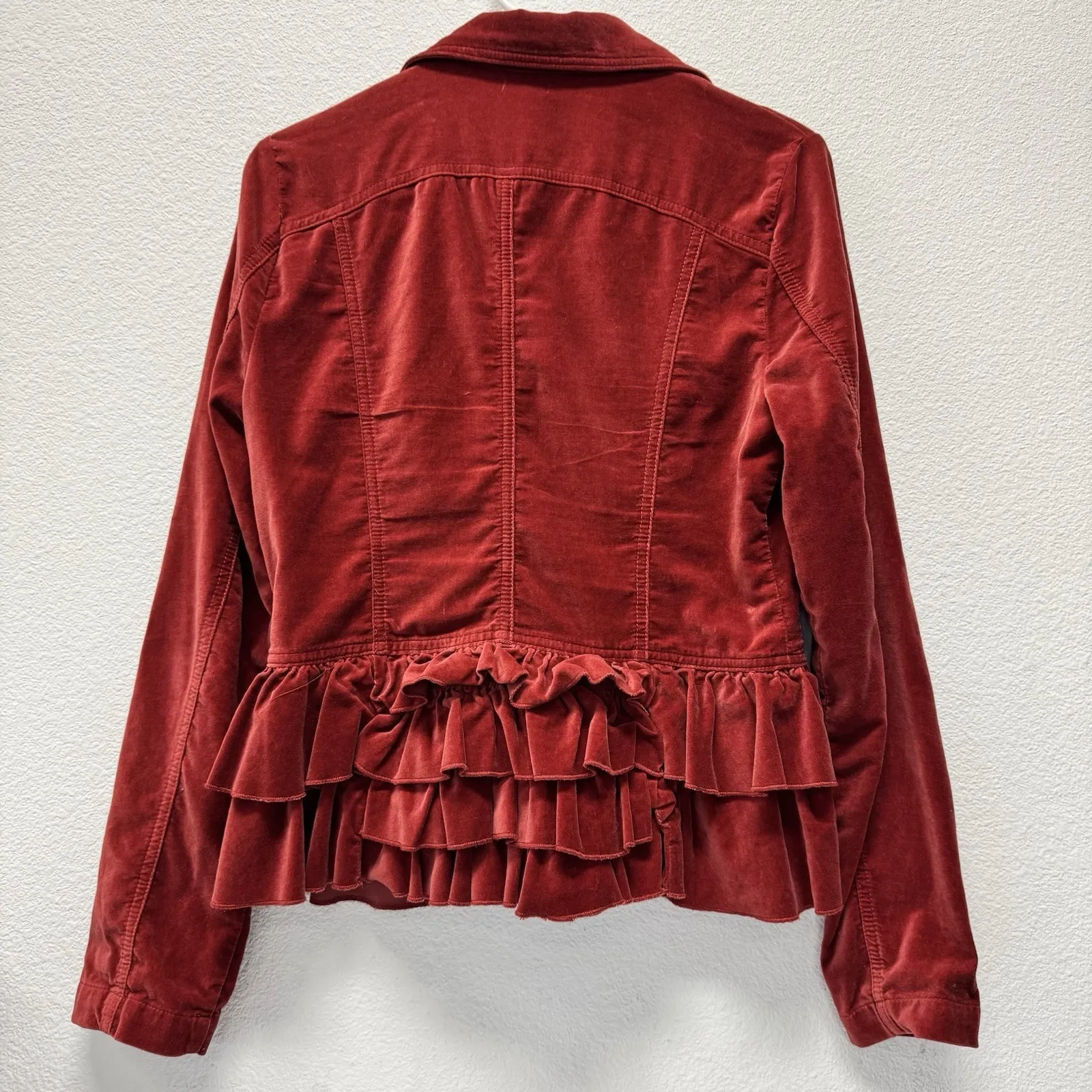 Sashimi Double Breasted Corduroy Jacket Red Stretch Velvet With Ruffles Medium - Image 5