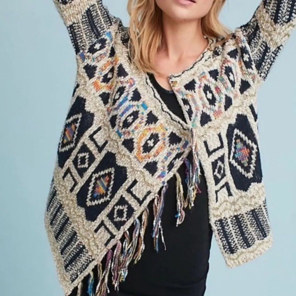 Moth Anthropologie Gold Threaded Knit Cardigan Aztec Bohemian Artsy Eclectic S Blue Size undefined - Image 3