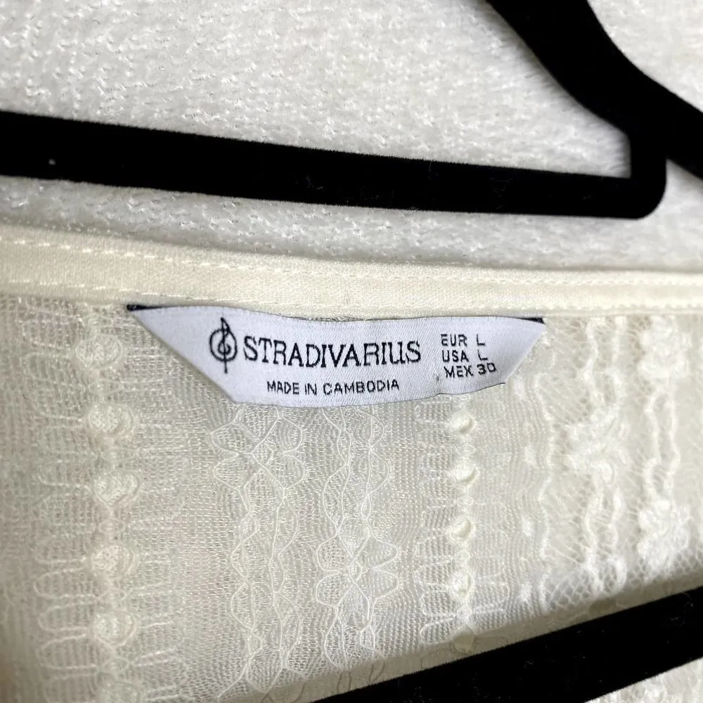 Stradivarius Floral Long Sleeve Sheer Sweetheart Lace Crop Top White Large Fairy - Image 5