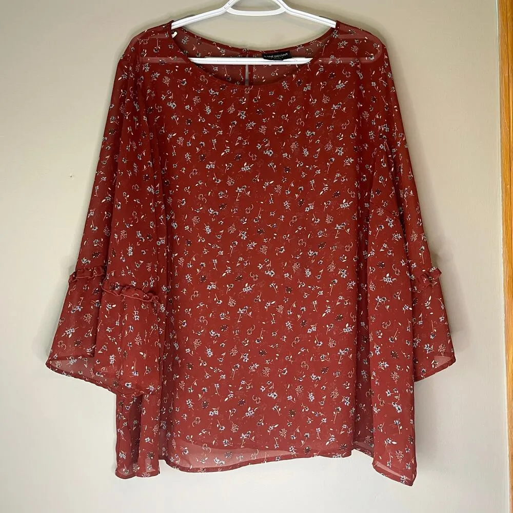 Lane Bryant Burnt Red Sheer Floral 3/4 Sleeve Blouse Size 26 - Image 14