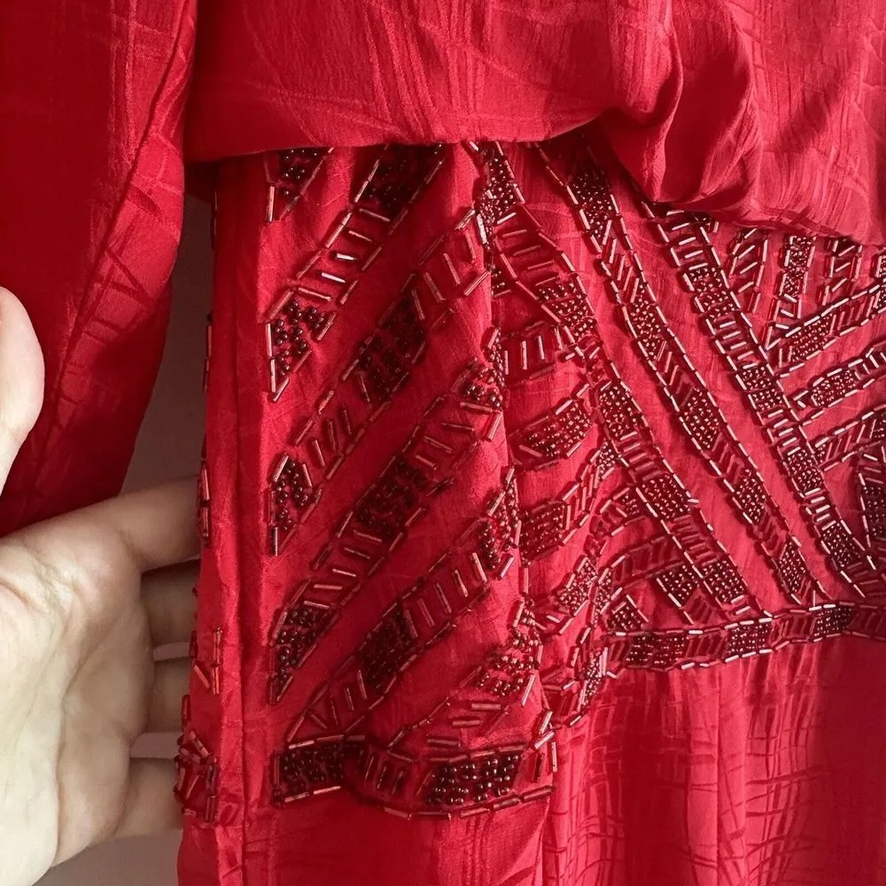 Vintage Silk Dress Womens 10 Dore Beaded Midi Red Cocktail Evening Embellished Red - Image 8