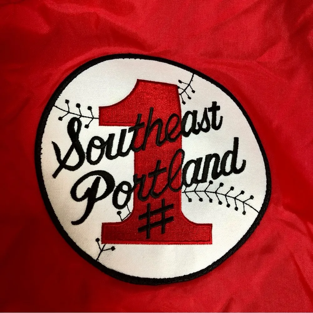 Vintage 70s 80s Bright Red Birdie Satin Varsity Jacket Bomber Portland Softball Size L - Image 5