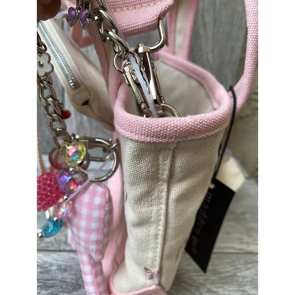 Madden Girl Mini Tote Pink Canvas Bow Bag with Charm & Pouch - Image 4