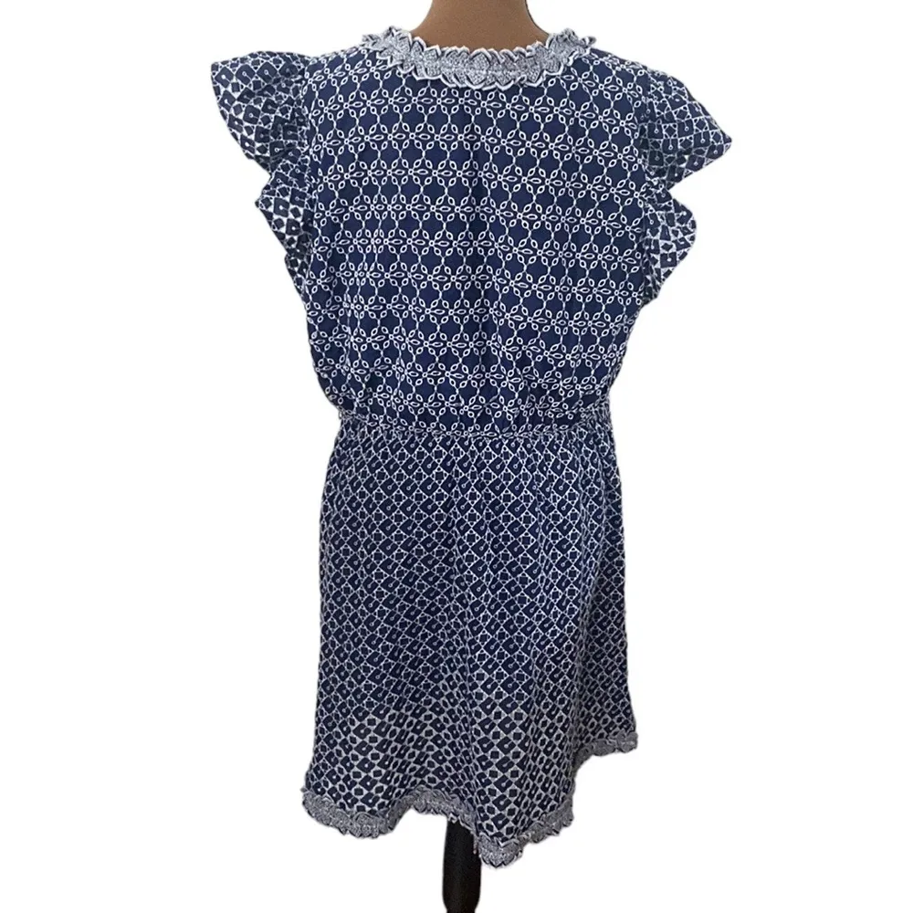 Express Printed navy and white Eyelet Lace Trim Faux Wrap Dress no belt size XL - Image 3