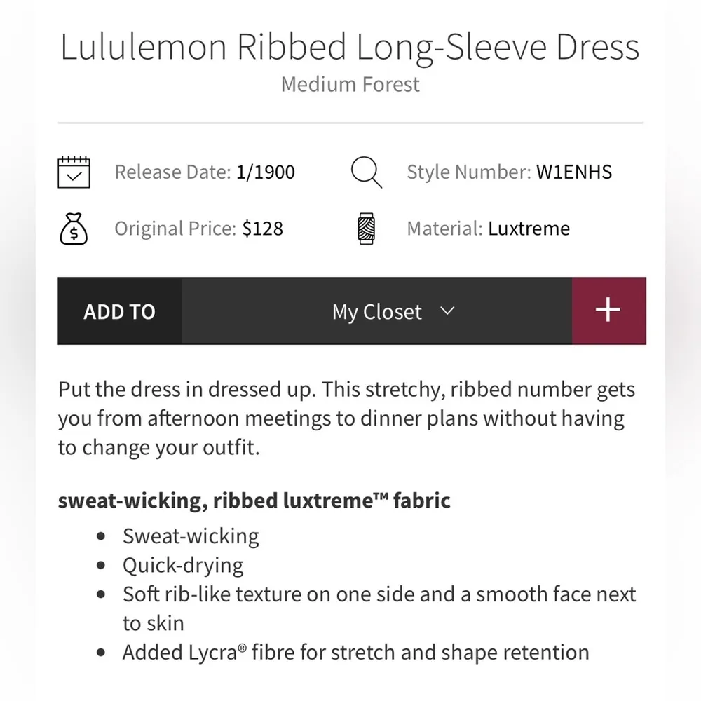 Lululemon NWT Ribbed Long Sleeve Dress Medium Forest Green Luxtreme Size 10 - Image 6