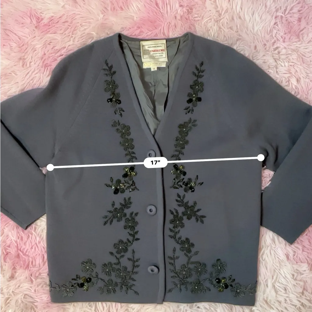 Vintage St Andrews Wool Cardigan Beaded Floral Applique Sweater Blue Size 12 - Image 3