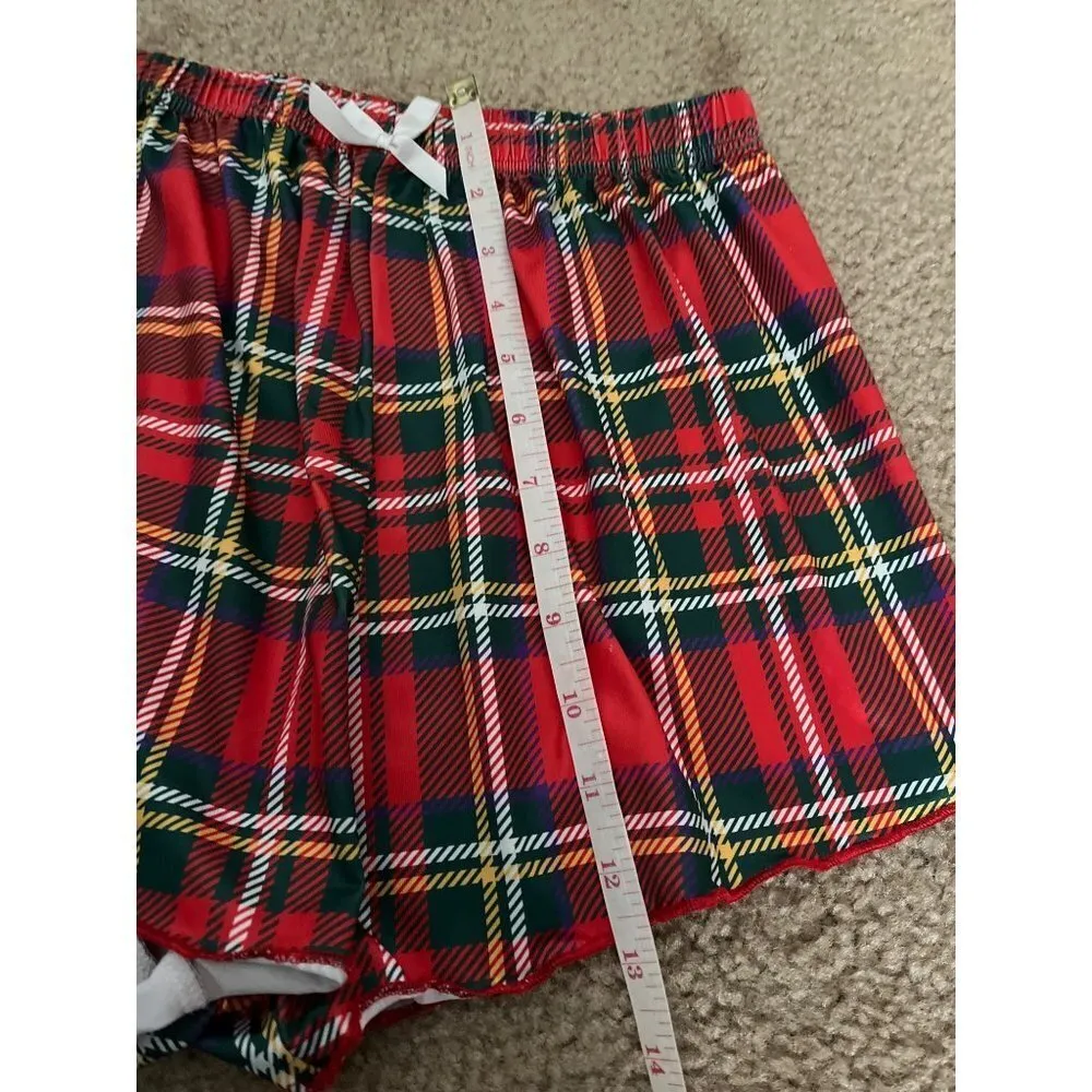 Unbranded red green plaid bow tie front elastic waist sleepwear short shorts Med - Image 10