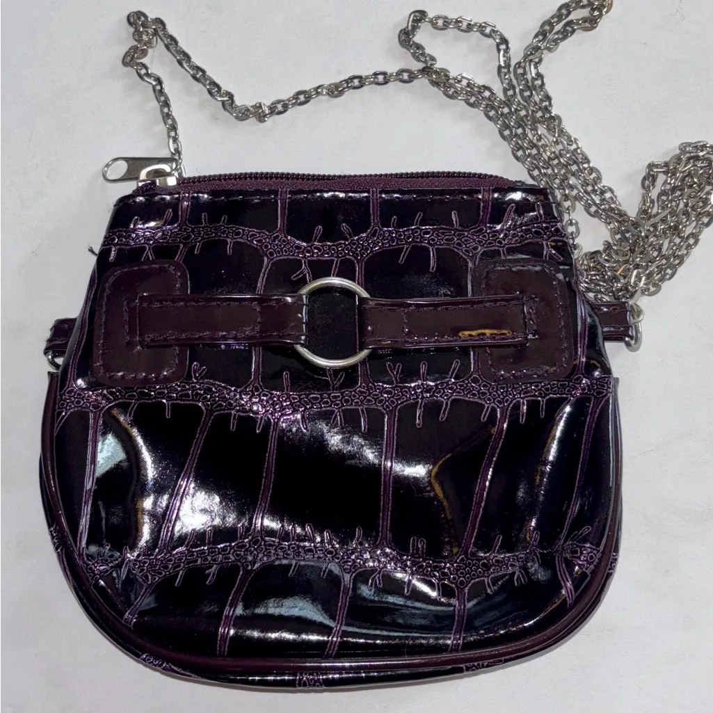 PURPLE PATENT LEATHER MINI CROSSBODY WI H SILVER CHAIN STRAP 6” X 6” DARK PURPLE - Image 2