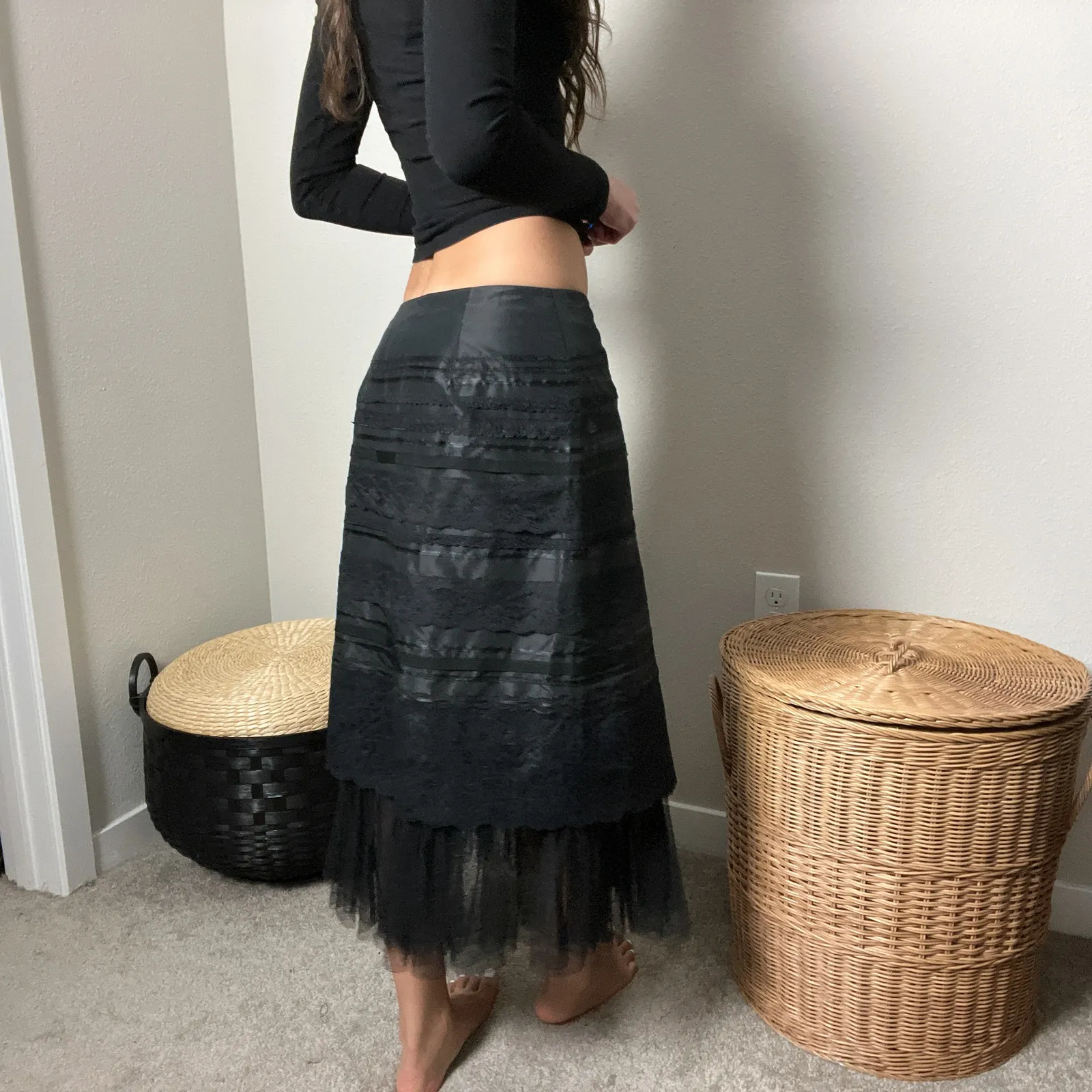 vintage 90s y2k black silk tiered lace fairy goth tulle low rise midi maxi skirt Size XS - Image 5