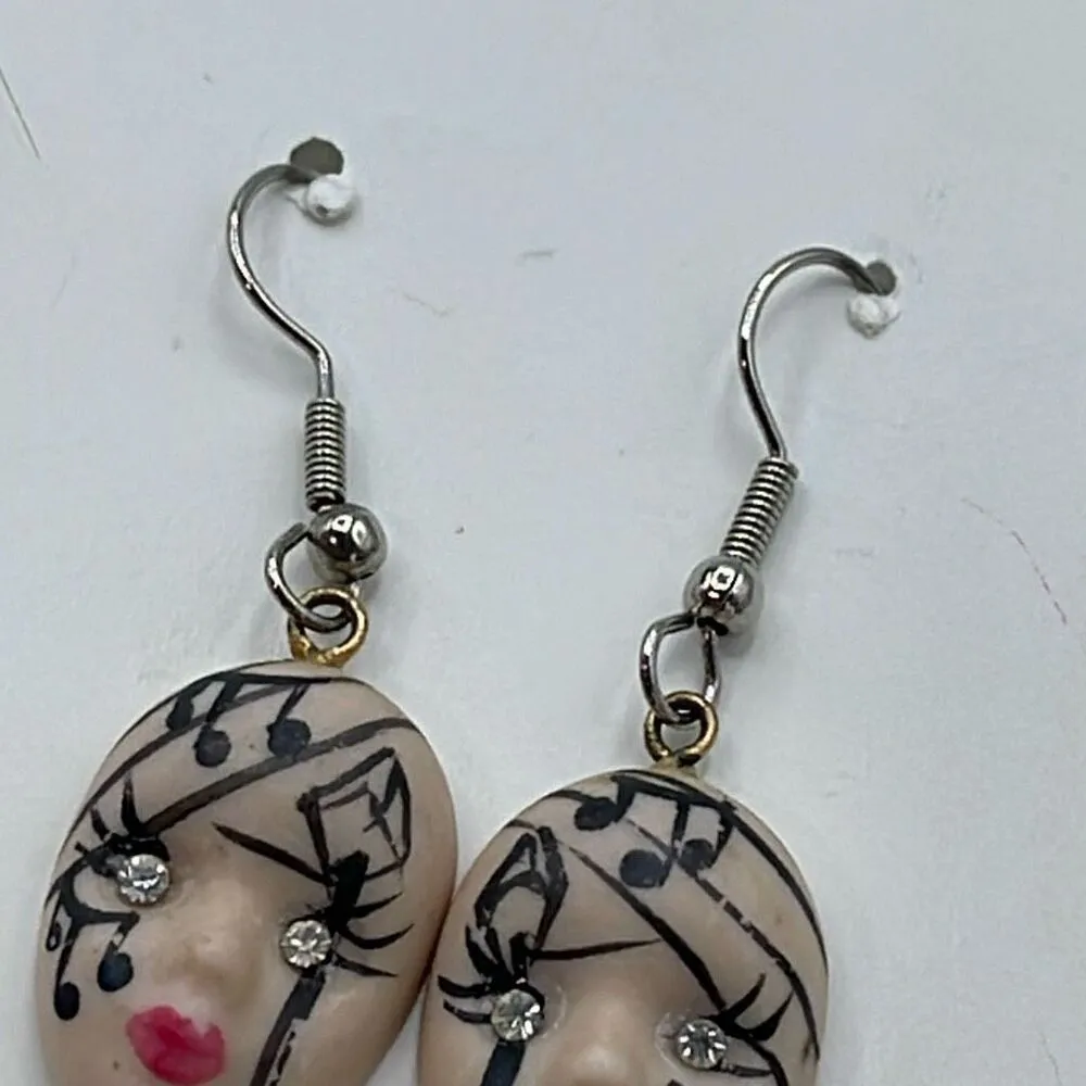 Vintage ceramic dangle drop Music Mardi Gras earrings. Silver - Image 3