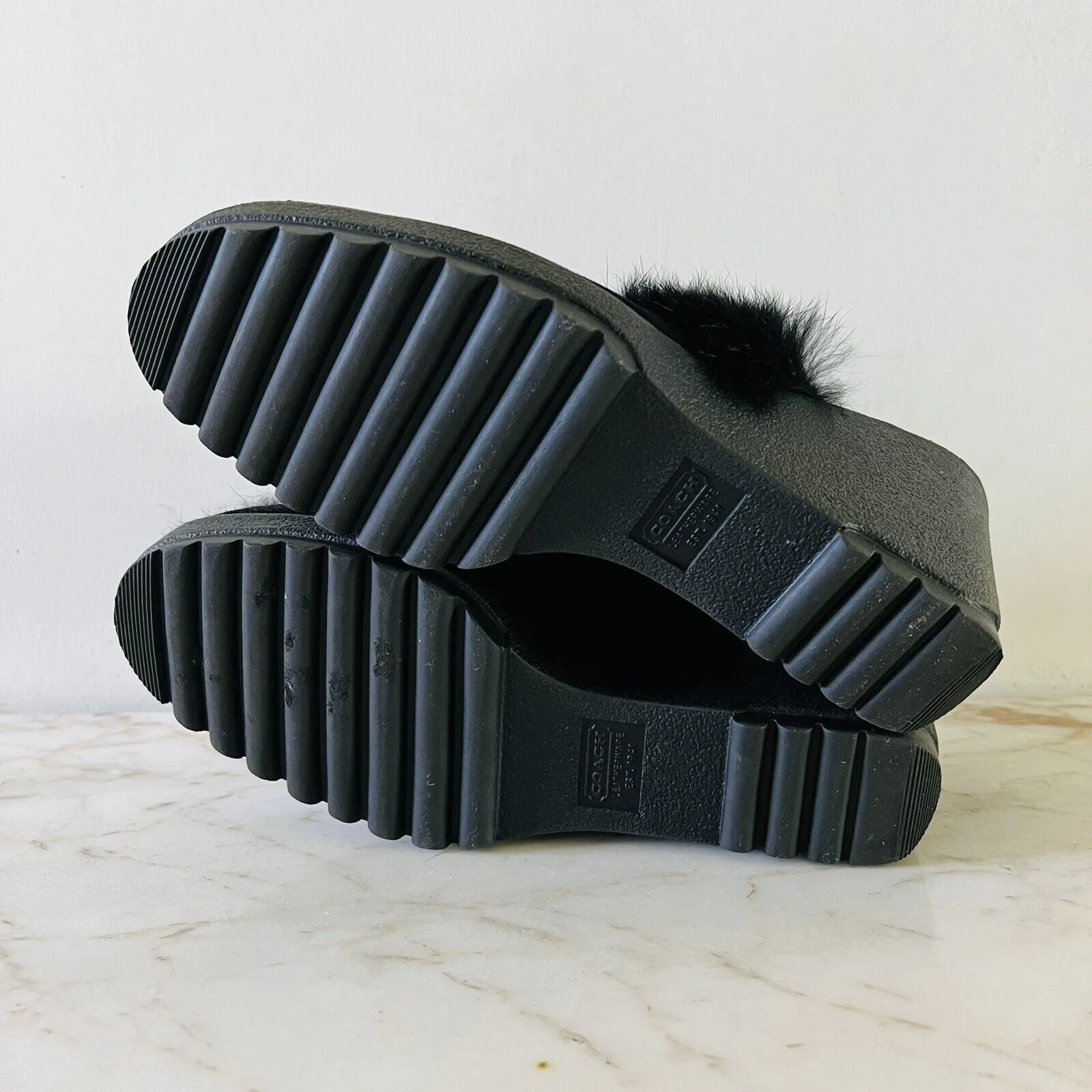 COACH Kaela Black Suede Rabbit Fur Slip On Clogs Mules With Wedge Heels - US 8 - Image 8
