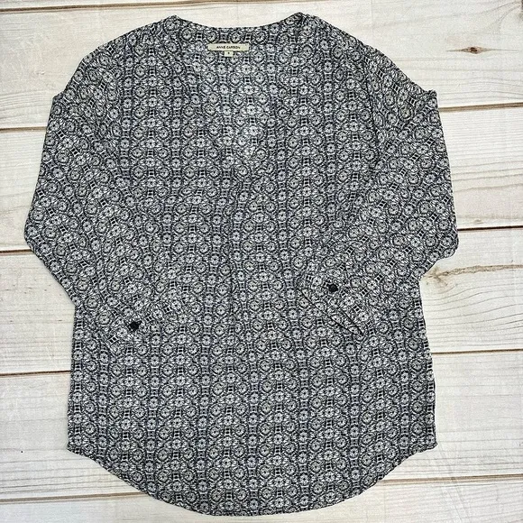 Anne Carson Blue White & Beige Medallion Print Semi Sheer Long Sleeve Blouse - Image 1