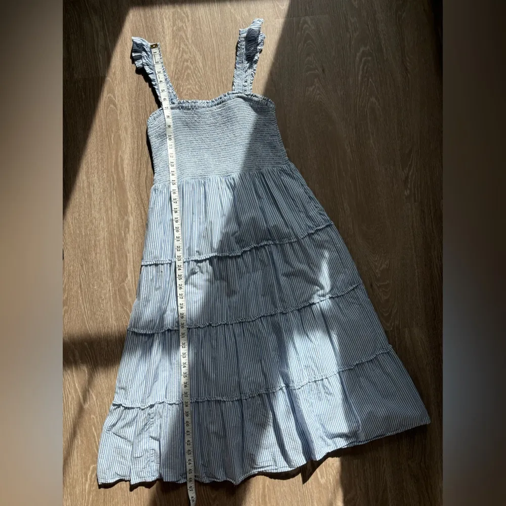 J.Crew  Smocked Tiered Navy White Striped Midi Dress Pockets Size Large - Image 10