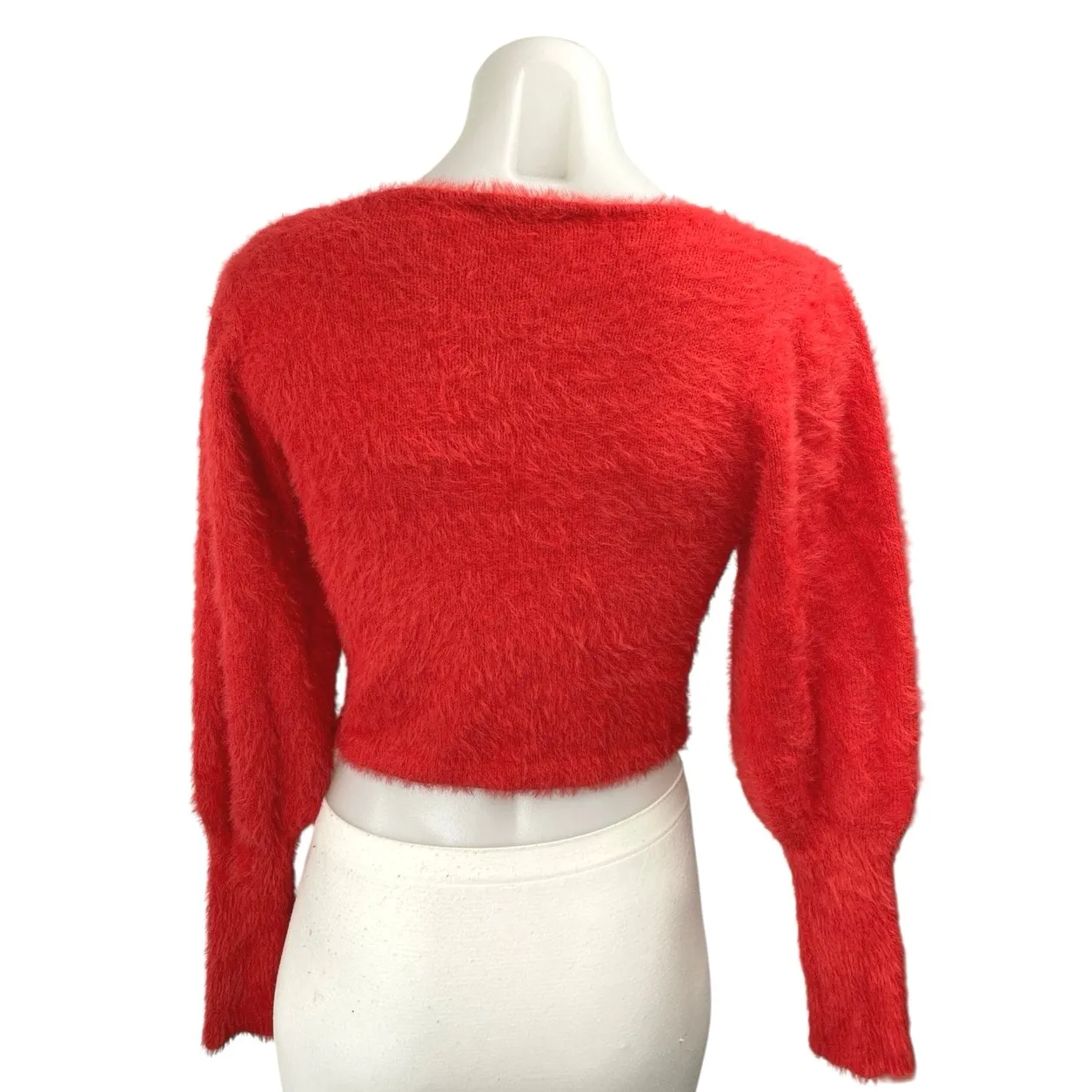Zara Women's Red Fuzzy Faux Fur Square Neck Long Puff Sleeve Crop Sweater Top S - Image 2