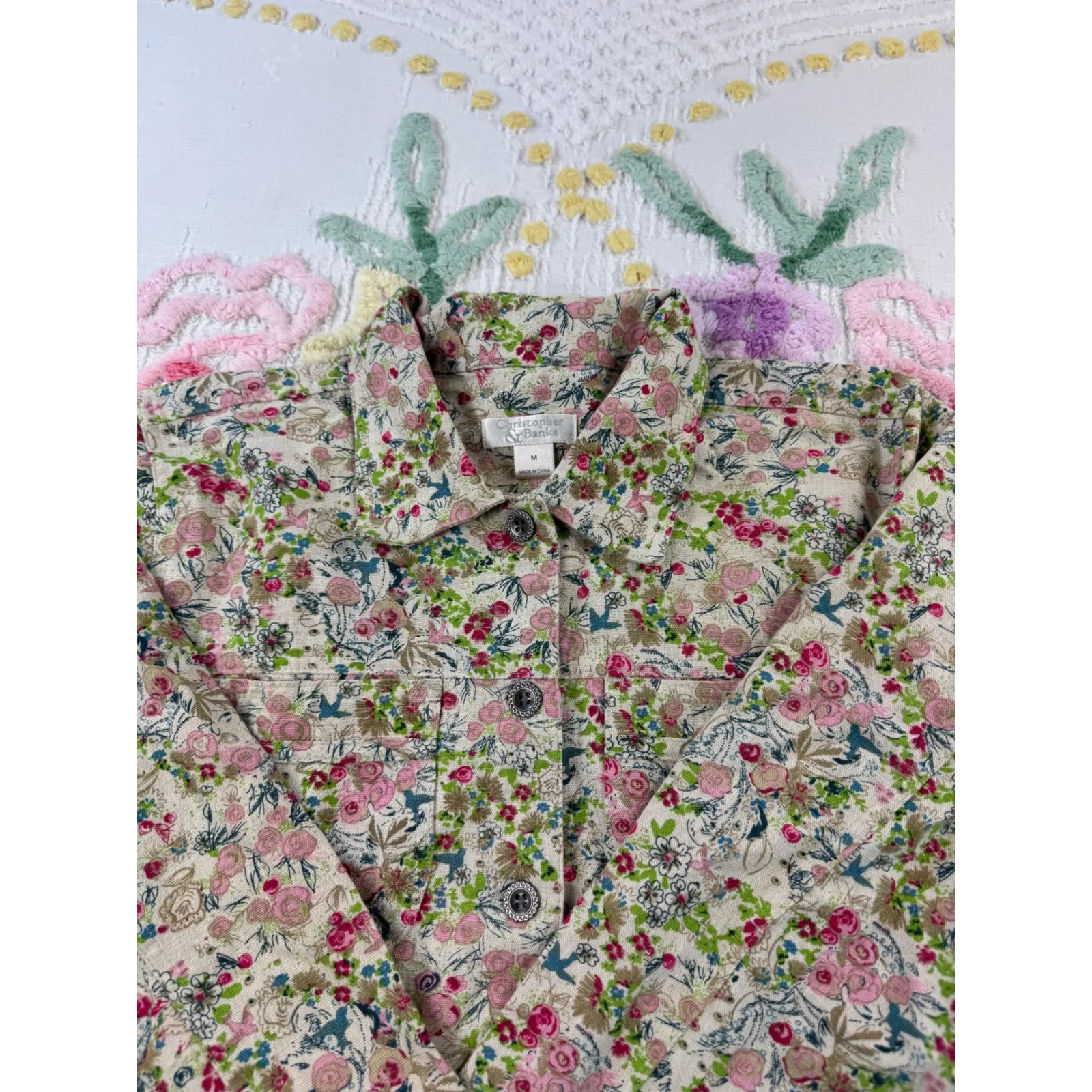 Christopher Banks Floral Print Jacket women Medium Linen Cotton Button Front - Image 5