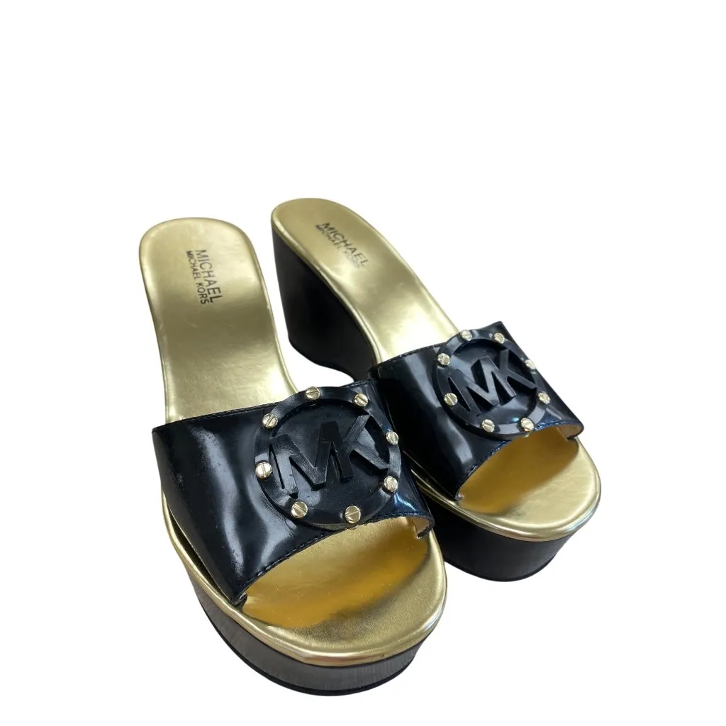 Michael Kors Womens Black Gold Leather Slip On Wedge Sandals Size 7M SKU 8488 - Image 13