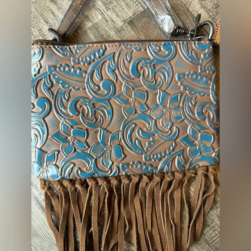 Justin Convertible Bag‎ Wristlet Brown Blue Embossed Leather Fringe Western NWT - Image 2