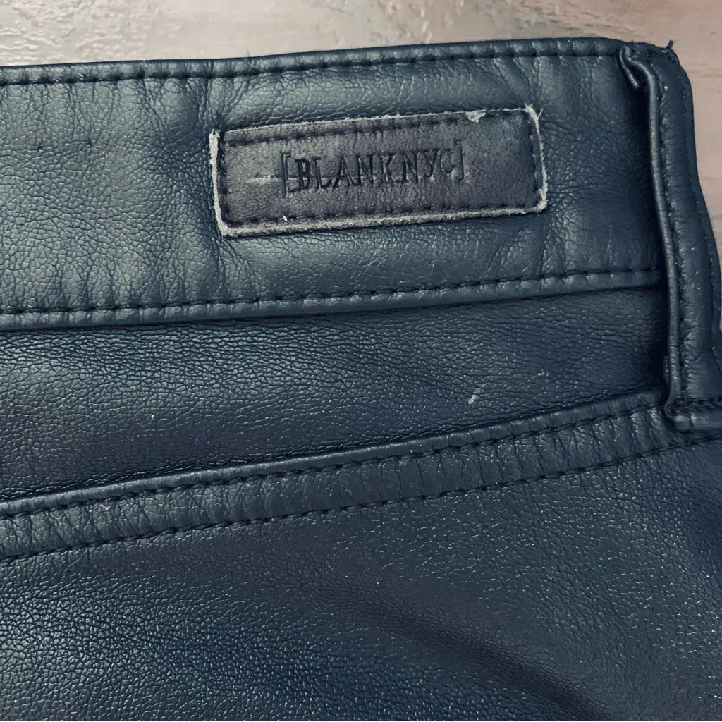 BlankNYC Twist of Fate Black Vegan Leather & Denim High Rise Mini Raw Hem Skirt - Image 11