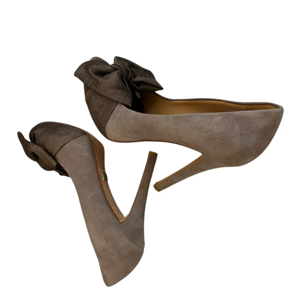 Badgley Mischka High Heel Bow Pumps Shoes Suede Peep Toe Sandals Size 5.5 - Image 10