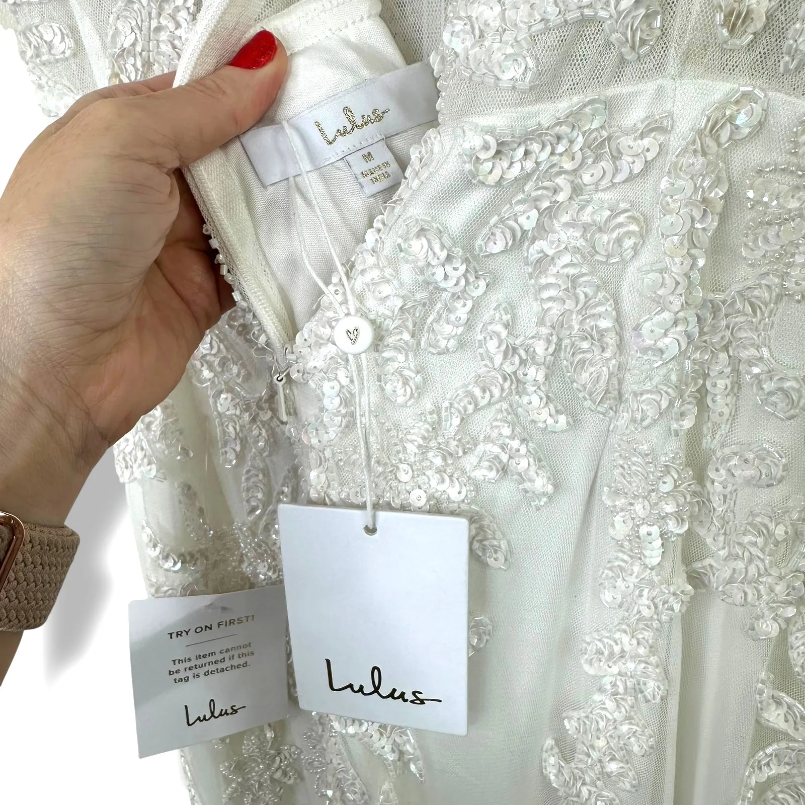 Lulus Lux Bridal NWT Momentous Love White Beaded Bustier Mesh Mermaid Maxi Dress - Image 10