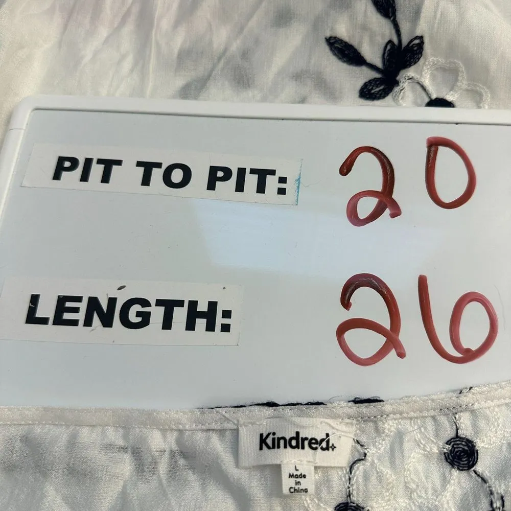 Kindred White Navy Floral Embroidered Gauzy 3/4 Sleeve Blouse Size Large - Image 3