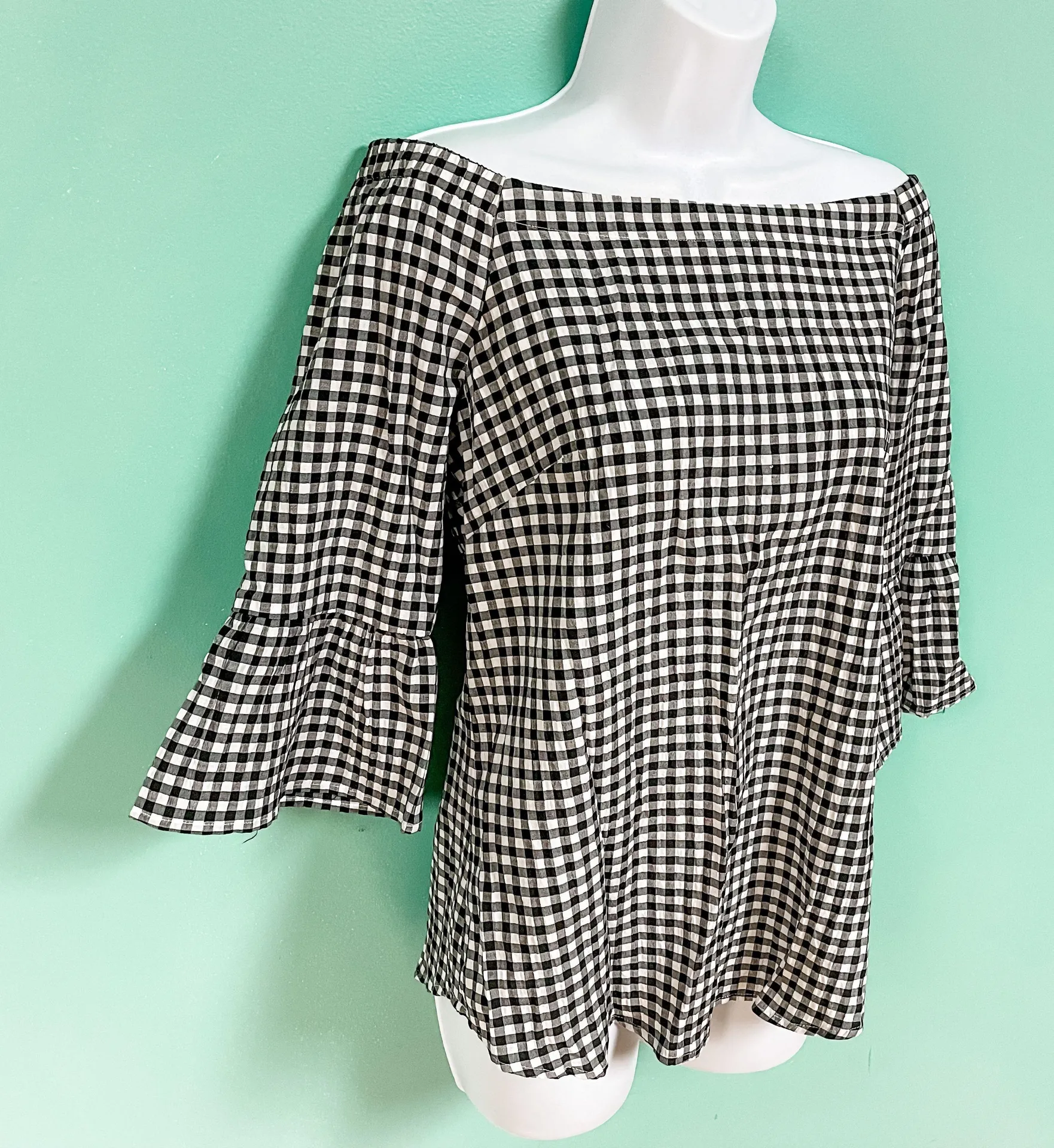White House Black Market Off Shoulder Gingham Top - Image 5