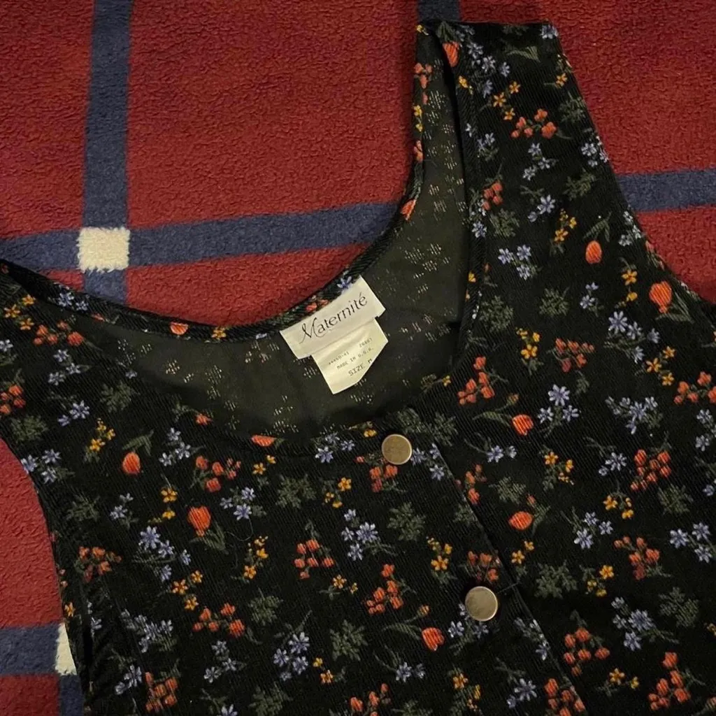 Vintage Maternité black floral midi long button front Corduroy cottagecore Dress Size M - Image 2