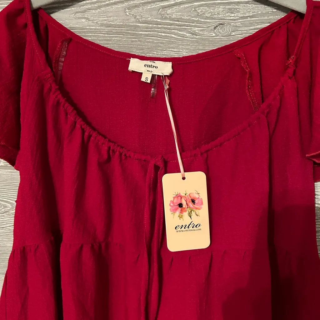 Entro Clara Tiered Ruffle Top Red Short Sleeve Square Neck Drawstring Small - Image 4