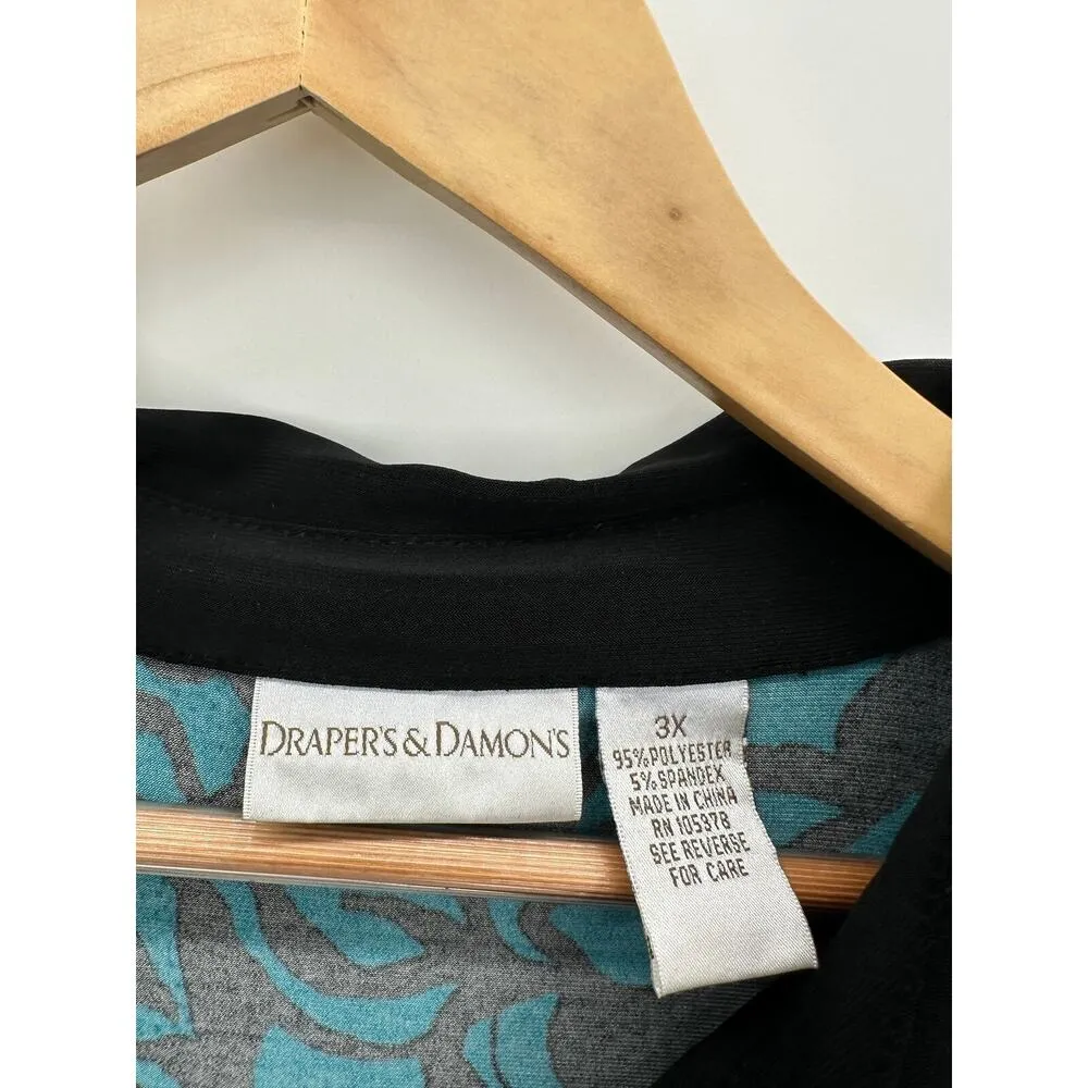 Drapers & Damons Full Zip Jacket Blue Black Floral Print 3X Slinky 3/4 Sleeve - Image 6
