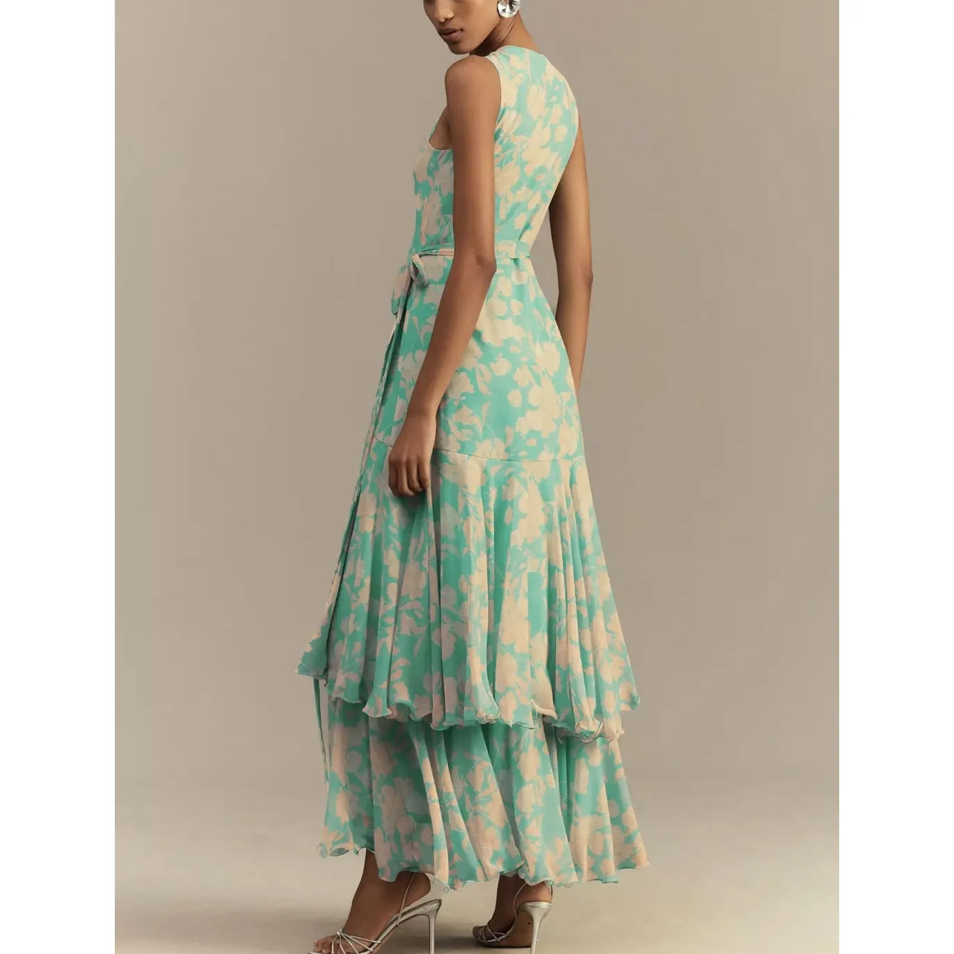 Hutch Trinity Ruffled Chiffon Wrap Maxi Dress Teal Floral Size Large NWT Wedding - Image 9