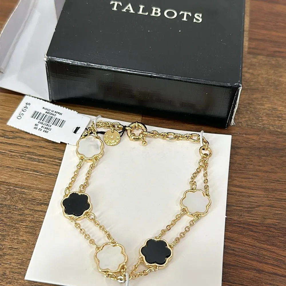 Talbots Flower Clover Bracelet Gold Double Chain Clasp Black White Pearl Jewelry - Image 2